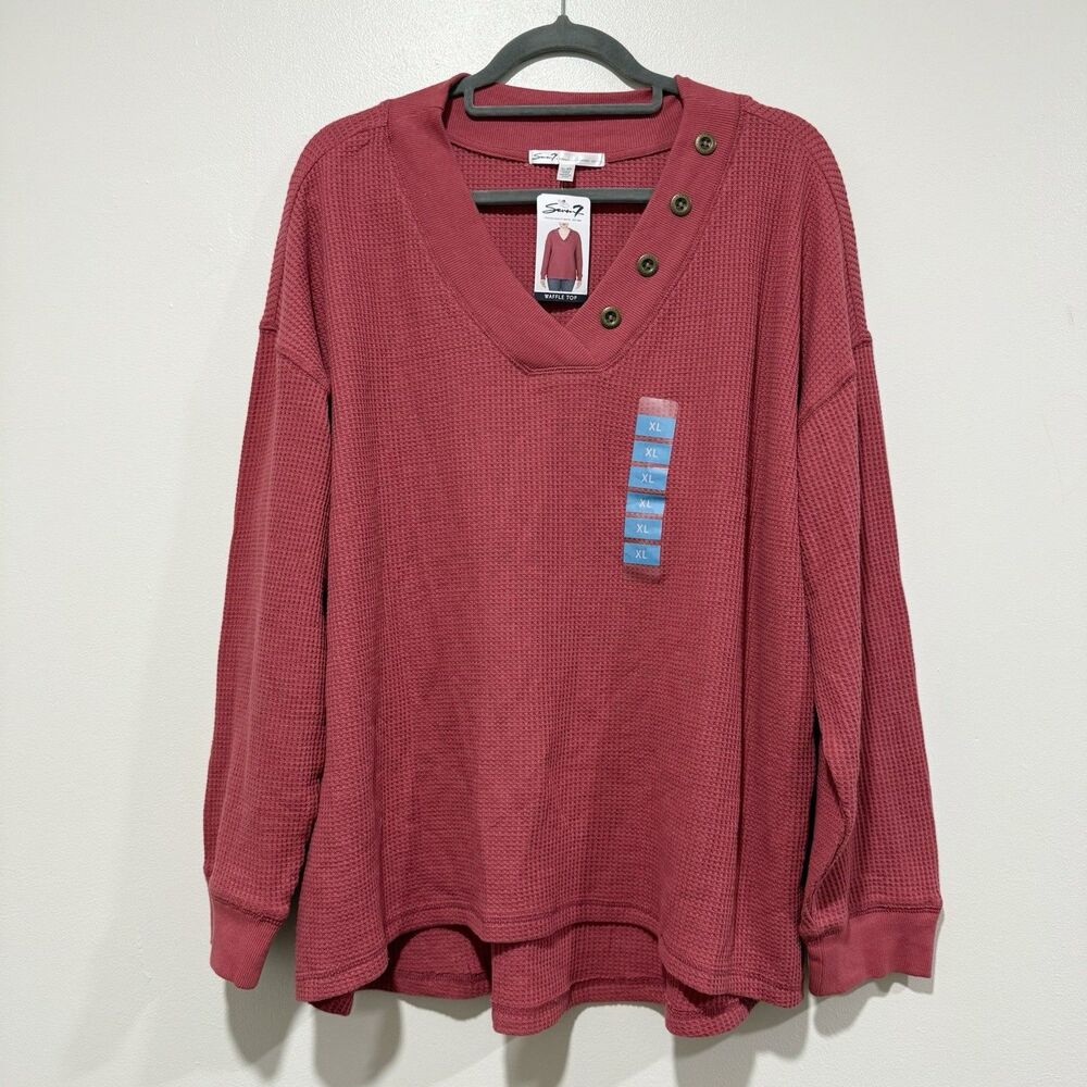 Seven 7 V Neck Waffle Knit Long Sleeve Loose Fit Thermal Top Sweater Size XLarge